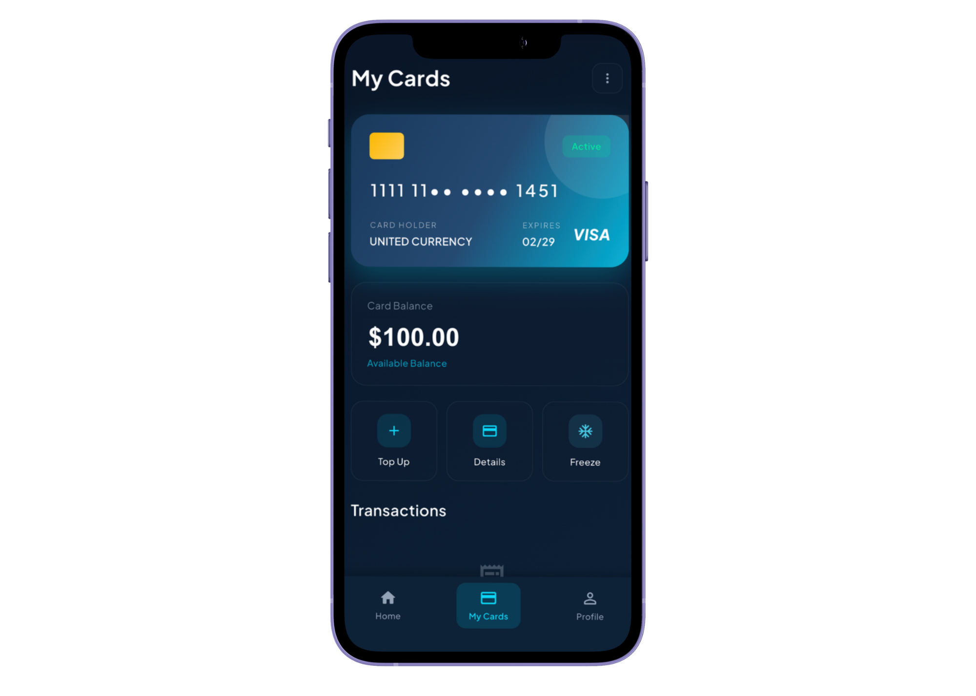 UCE Borderless Card in the My Cards screen